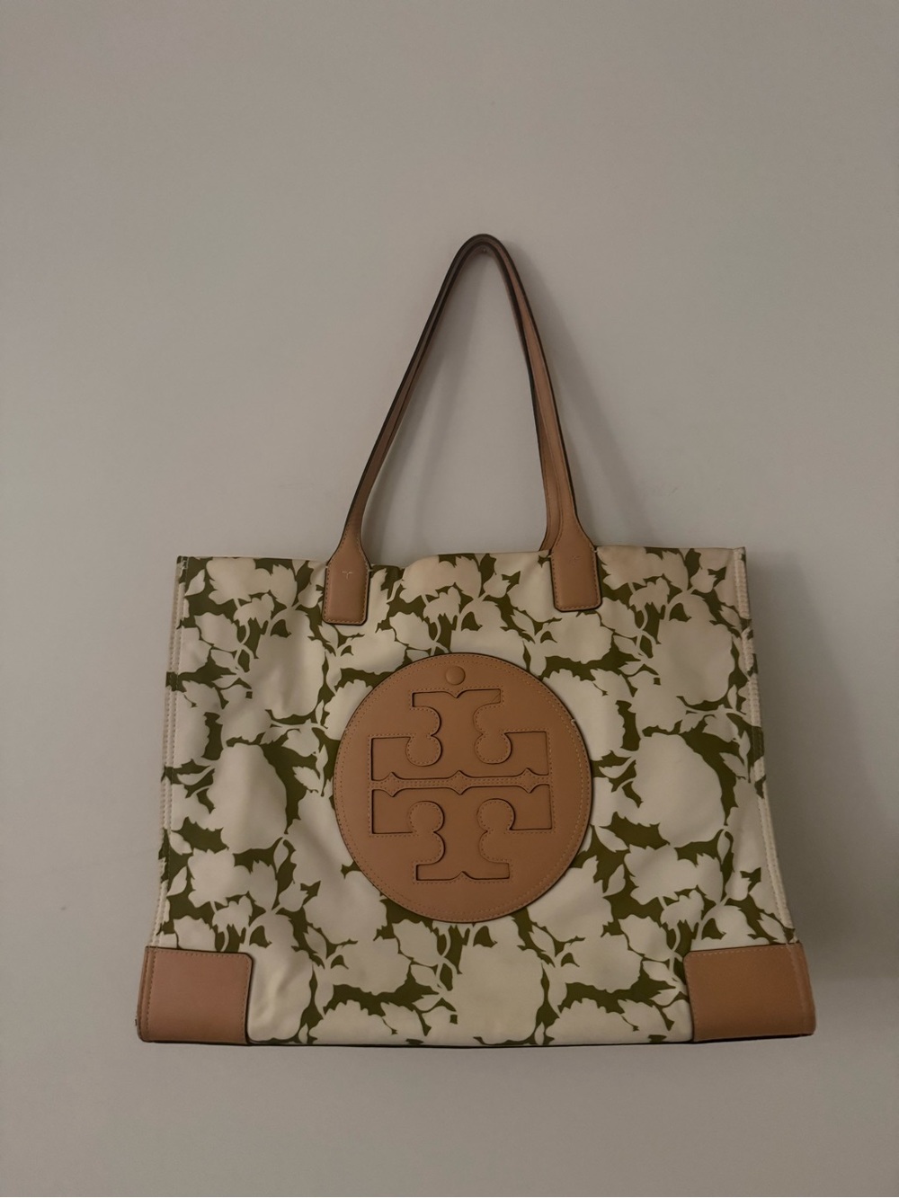 Tory Burch Tote Bag with Olive Floral Print and Tan Trim